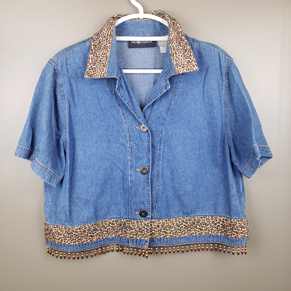 Sag Harbor Vintage Womens Cropped Denim Button Front Top Size 14 Cheetah Print